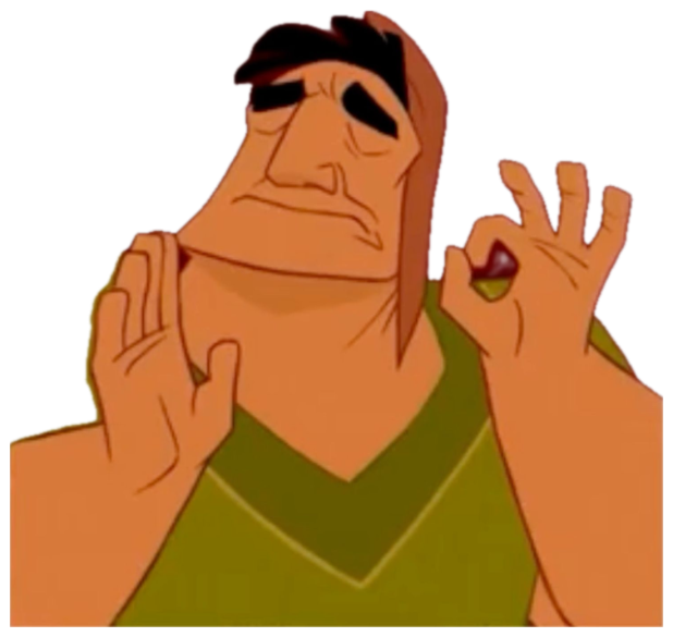 Kronk from The Emperor's New Groove making a chef's kiss gesture with a self-satisfied smirk sticker