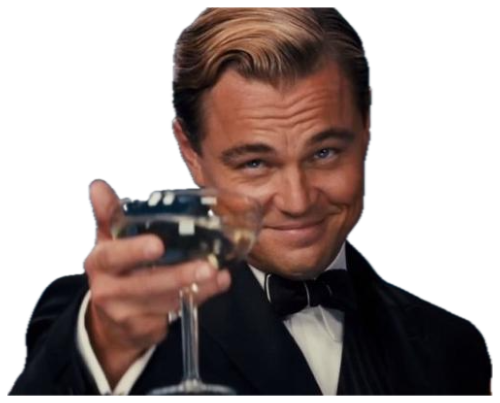 Leonardo DiCaprio as Gatsby raising a champagne glass with a smug smile sticker