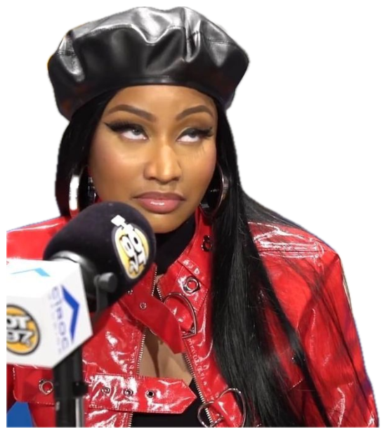 Nicki Minaj in a red jacket and beret rolling her eyes hard during an interview sticker