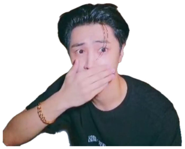 Guy covering his mouth with wide eyes in shock, hand raised to face sticker