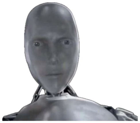 Silver humanoid robot staring straight ahead with a blank, emotionless expression sticker