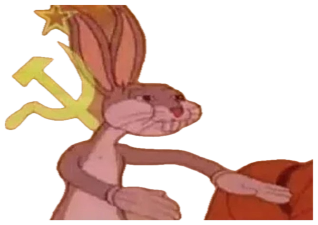 Bugs Bunny posing confidently in front of a glowing Soviet hammer and sickle symbol sticker