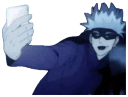 Gojo grinning as he snaps a selfie, captioned 'screenshotted' sticker