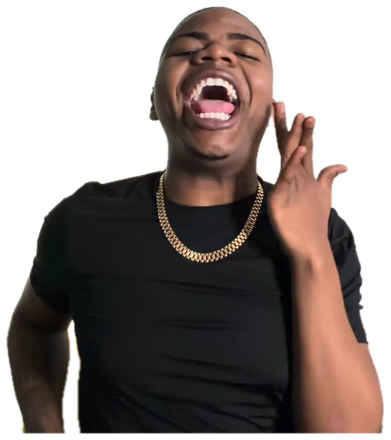 Man in a black tee and gold chain throwing his head back mid-laugh sticker