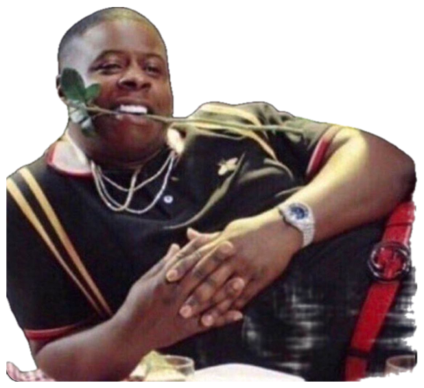 Man lounging confidently with a rose in his mouth, dripping in jewelry and a luxury watch sticker