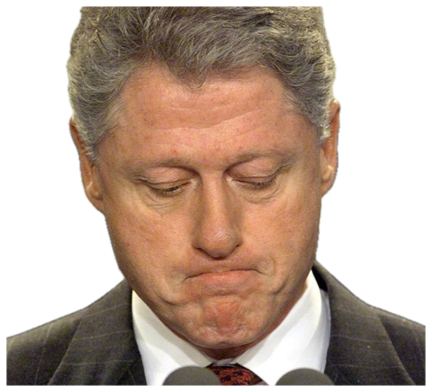 Bill Clinton at a podium looking down with a pained, lips-pressed grimace sticker
