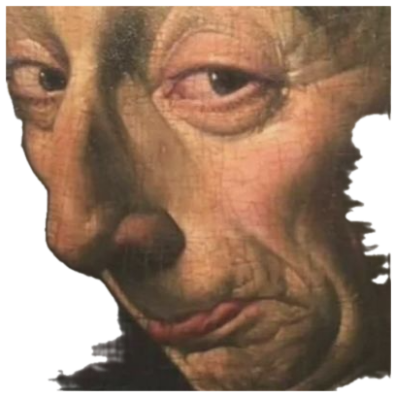 Close-up of a grim Renaissance portrait face with drooping eyes and a pursed, disapproving mouth sticker