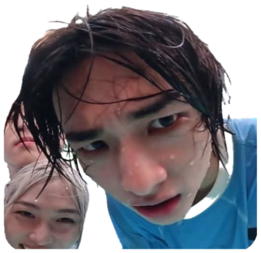 Soaking wet guy leaning into the camera with a flat, exhausted stare sticker