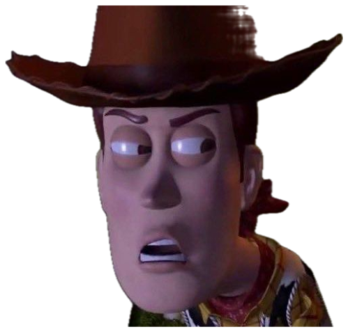 Woody from Toy Story with a wide-eyed, alarmed and confused stare sticker