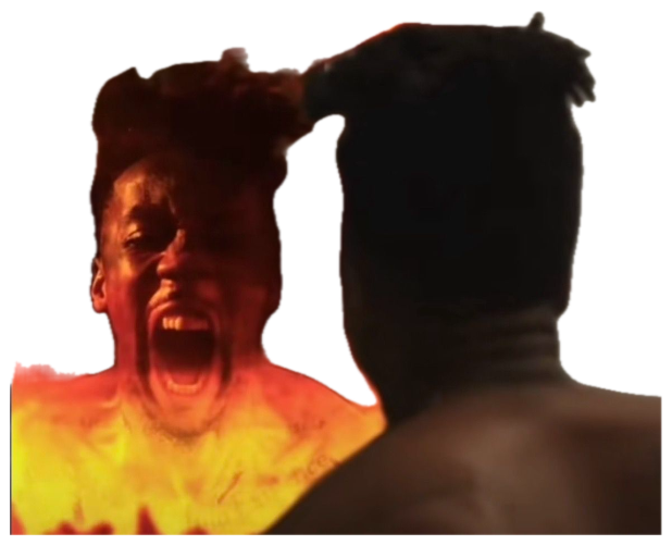A man engulfed in orange flames screaming intensely while another figure watches sticker