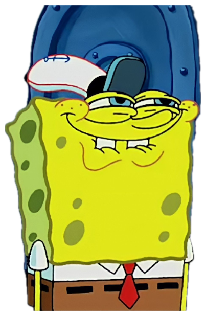 SpongeBob with a creepy side-eye grin and tilted hat looking like he has a plan sticker