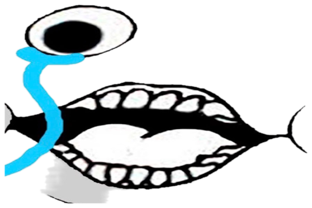 Distorted rage-comic face with googly eyes and blue tears streaming while sobbing sticker