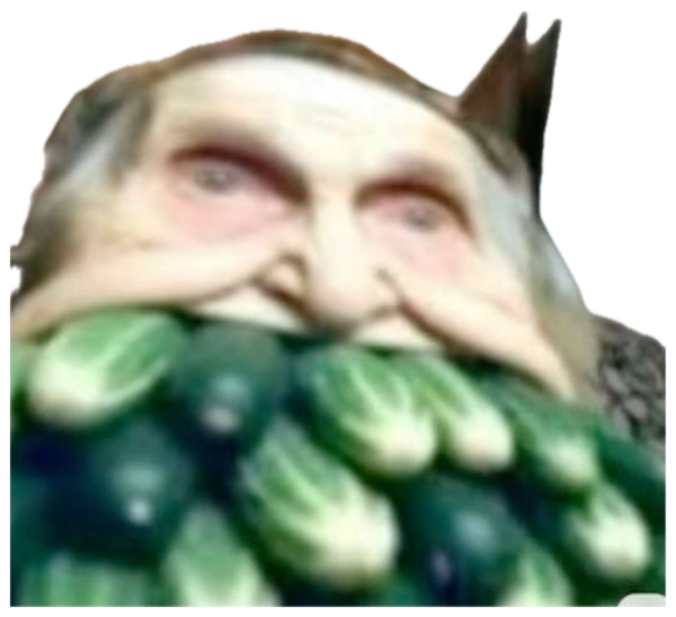Blurry close-up of an elderly person with a green cucumber beard staring blankly sticker