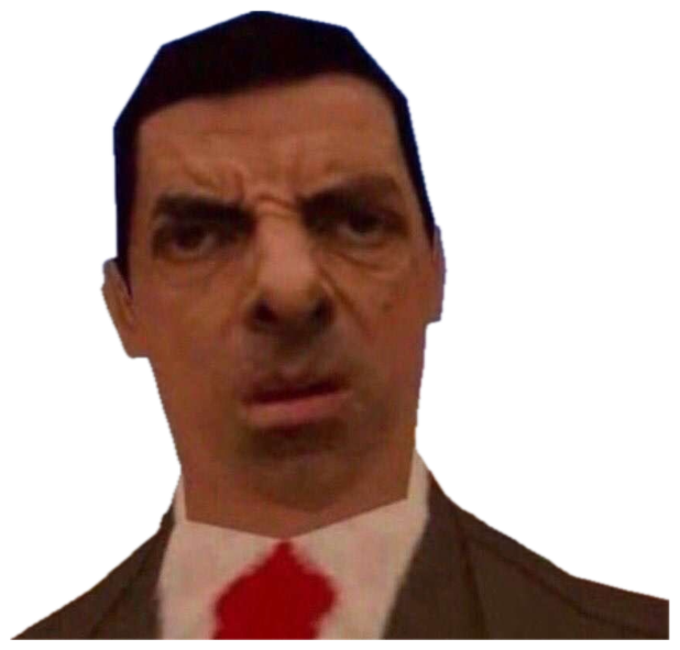 Mr. Bean's face pasted onto a low-poly game character glaring flatly sticker