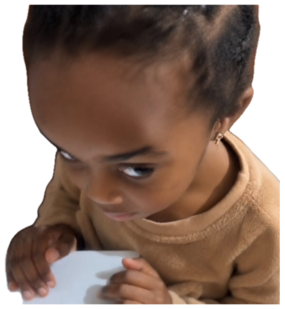Toddler leaning on a table giving an intense side-eye with a scheming look sticker