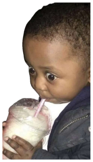 Toddler sipping a drink through a straw while giving a wide-eyed side-eye sticker