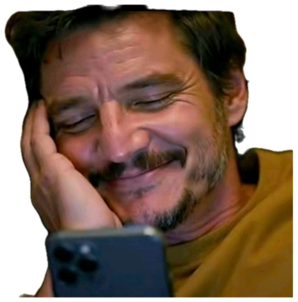 Pedro Pascal lying down, smiling softly at his phone with a cozy, smitten look sticker