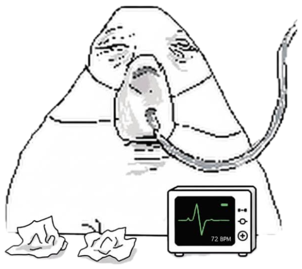 Crying wojak on an IV drip and oxygen mask, tissues everywhere sticker