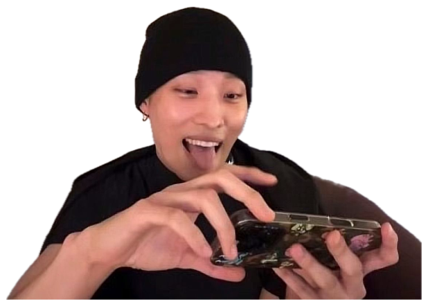 Person in a black beanie grinning with tongue out while frantically tapping their phone sticker