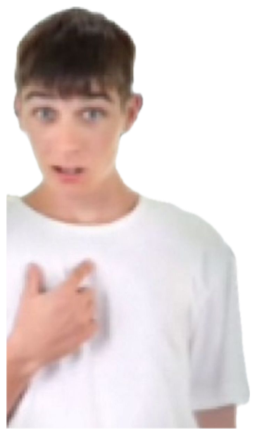 Teen pointing at his own chest mid-sentence with blurry 'Smbau' text behind him sticker