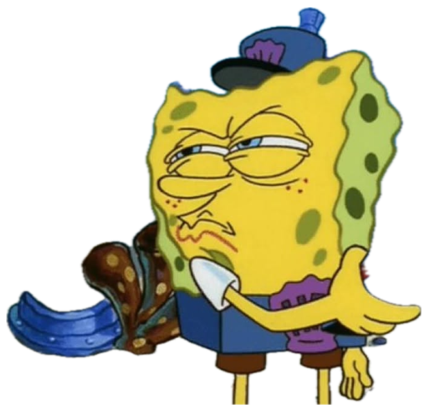 SpongeBob in a police hat with a smug half-lidded look beside a 'WANTED MANIAC' poster sticker