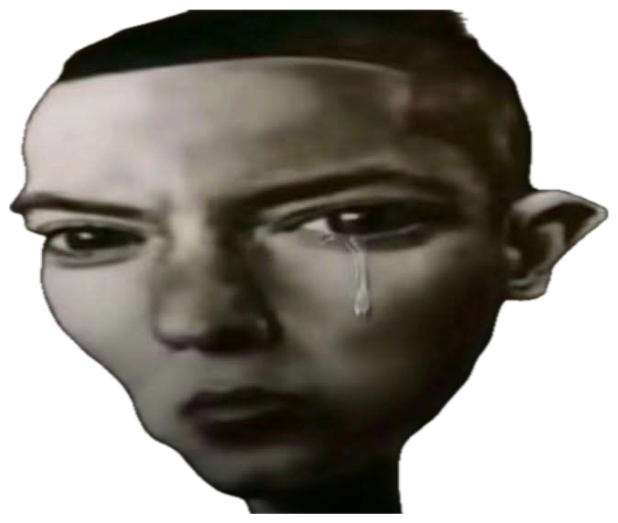 Dramatic grayscale portrait of a person with a single tear rolling down their face and a hard stare sticker