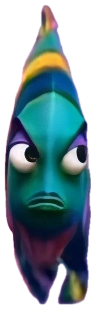 Animated green fish glaring dead ahead with a furious little frown sticker