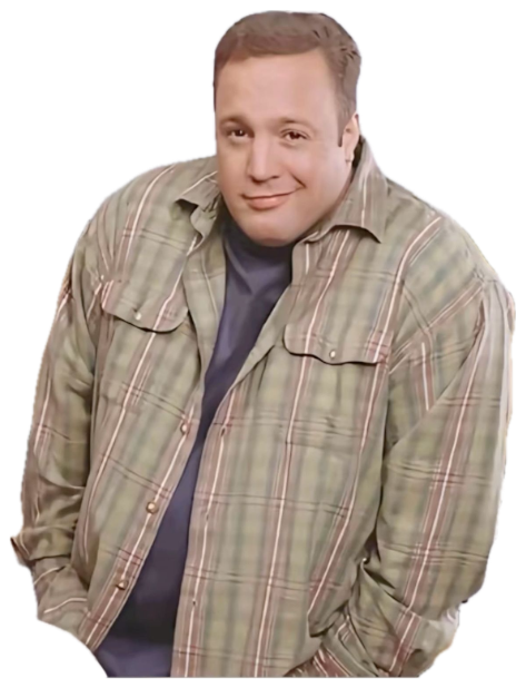Heavyset man in a plaid shirt leaning on a kitchen counter with a satisfied smirk sticker