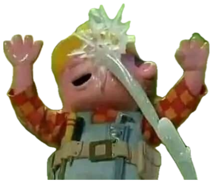 Puppet character getting drenched by water with arms raised in dramatic celebration sticker