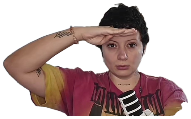 Streamer shading her eyes with one hand, scanning the distance with a flat face sticker