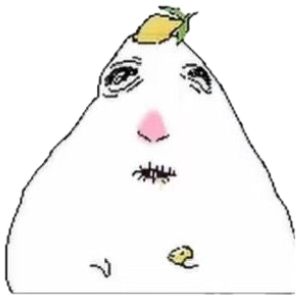 Lumpy white cartoon blob with teary droopy eyes and a lemon balanced on its head sticker