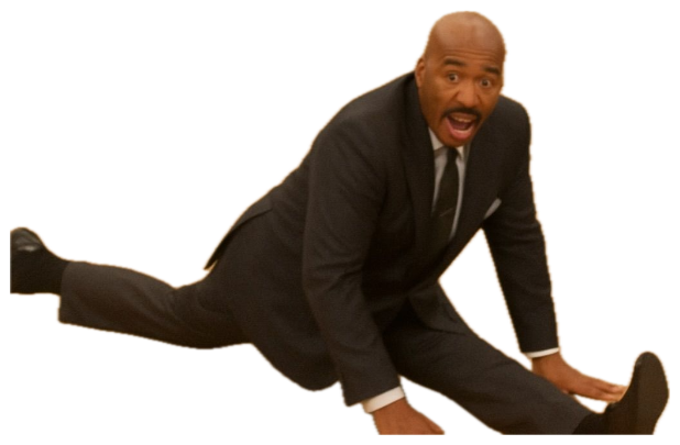 Steve Harvey on the floor doing the splits looking absolutely shocked, captioned 'SIT ON IT' sticker