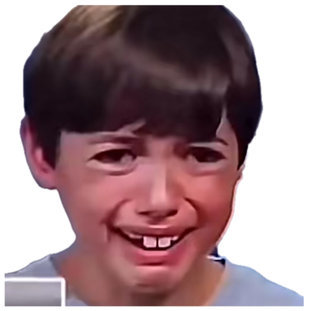 Young boy with a scrunched face fighting back tears and a shaky forced smile sticker