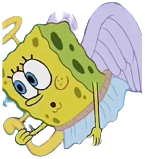 SpongeBob dressed as an angel with halo and wings, giving an uneasy forced smile sticker