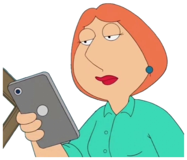 Lois Griffin holding a phone with half-lidded, unimpressed bedroom eyes sticker