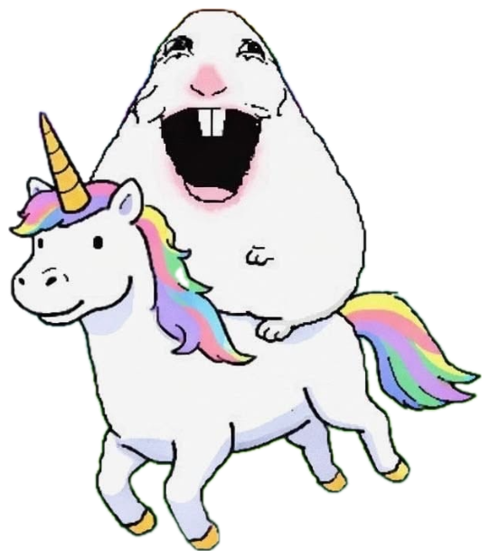 Blobby cartoon creature riding a rainbow unicorn, mouth wide with pure glee sticker