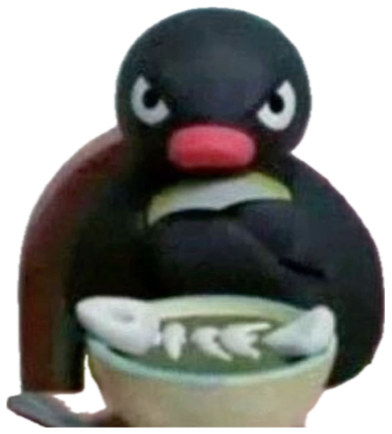 Pingu the penguin hunched over a bowl of fish soup looking intensely angry and unapproachable sticker