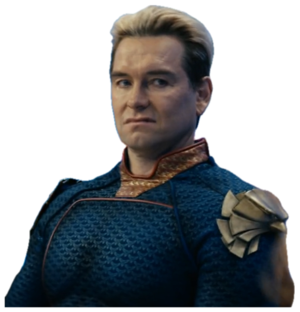Homelander in his blue suit giving a tight-lipped smug look with obvious contempt sticker