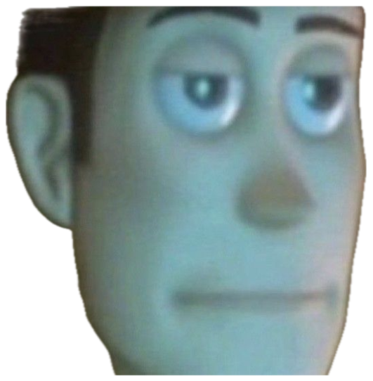 Blurry off-model 3D man staring back with a flat, unreadable deadpan face sticker