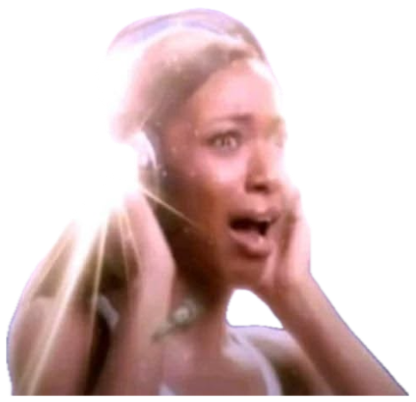 Woman with hands on face gasping in awe surrounded by an exploding cosmic light burst sticker