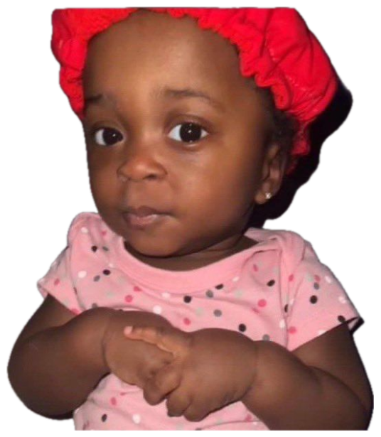 Baby in a red bonnet with hands clasped and a calm, deadpan look sticker