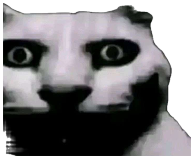 Grainy black-and-white cat locking eyes with the camera in unsettling silence sticker