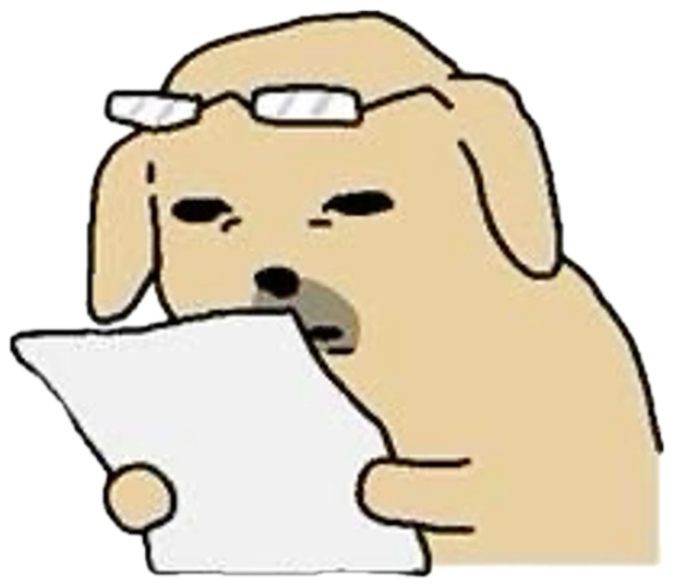 Cartoon dog with glasses on its head reading a paper with a skeptical squint sticker