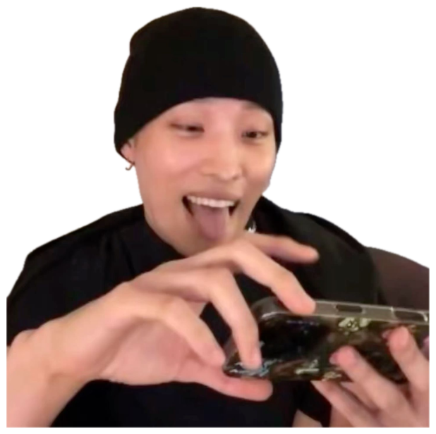 Guy in a beanie sticking his tongue out, eagerly holding a phone up to his mouth sticker
