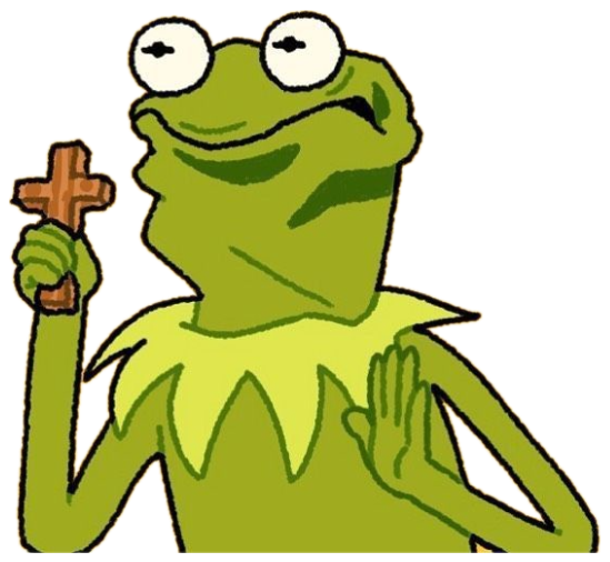 Kermit the Frog holding up a wooden cross with a smug side-eye grin sticker