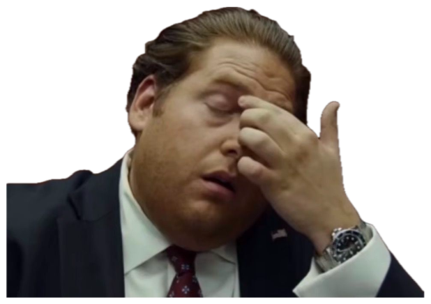 Man in a suit pinching the bridge of his nose in tired frustration sticker
