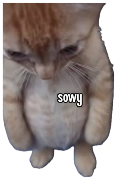 Hunched orange tabby with downcast eyes captioned 'sowy' sticker