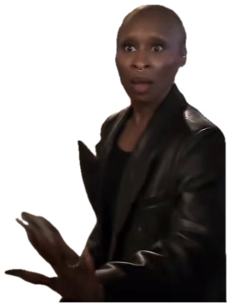Bald woman in a leather jacket looking stunned with hands gesturing outward on the street sticker