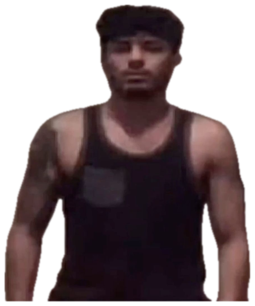 Man in a tank top standing deadpan captioned '*me blushing and speechless*' sticker