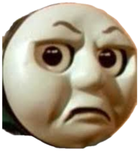 Thomas the Tank Engine scrunching his face into an annoyed, disgruntled frown sticker
